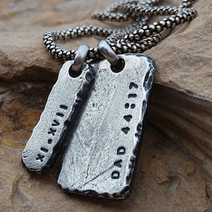 Mens Necklace Personalized Sterling Silver Engraved Tag & Bar Pendants, Heavy Masculine Old Looking Distressed Rustic Mens Jewelry Husband