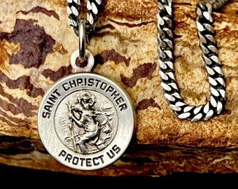 Small Saint Christopher Necklace Sterling Silver Catholic Medal Protection and Travel Medallian, Religious Gifts for Men or boys