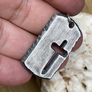 Rustic Sterling Silver Cross Dog Tag Necklace - Personalized Christian Pendant