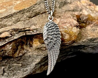 Mens Silver Angel Wing Pendant Necklace, Guardian Angel Necklace, Mens Religious Jewelry Gift, Oxidized Sterling Silver Wing Necklace