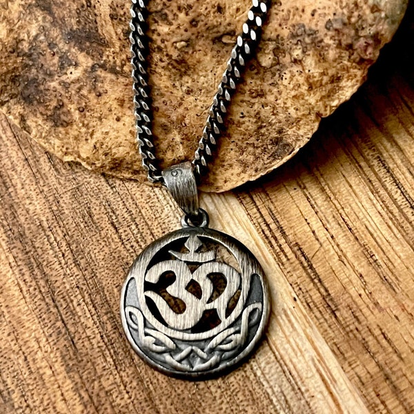 Om Necklace for Men in Oxidized Rustic Sterling Silver,