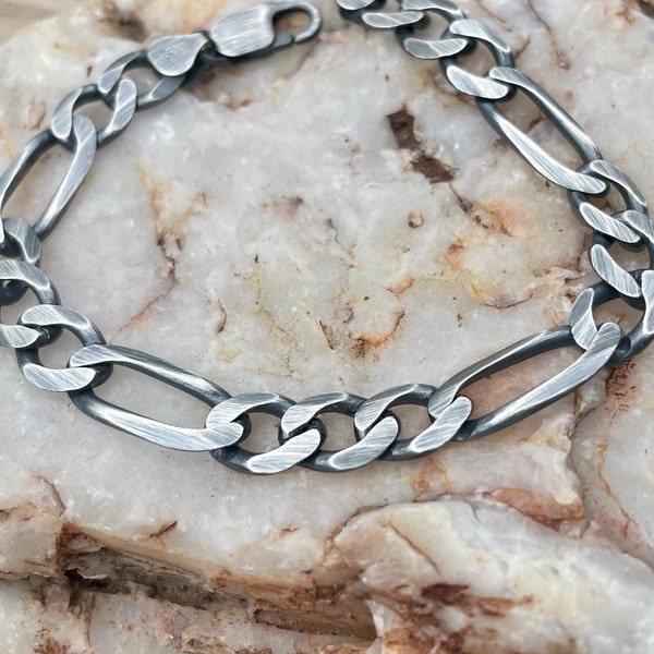 Heavy Silver Figaro Chain Necklace or Bracelet 9mm 10mm Oxidized or Polished Finish  8 9 10 18 20 22 24 26 28 30 32 inch Layering Chain Mens