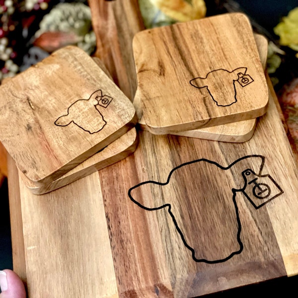 Cow Charcuterie Board Gift Set with Engraved Letter Initial or Cattle Brand, Heifer Cutting Board & Coasters Personalized Cow Lover Gift Mom