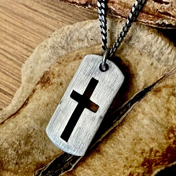 Cross Necklace for Men or Boys in Oxidized Sterling Silver Dog Tag Style Pendant with Cut out Cross, Religious Christian Gift for Him Man