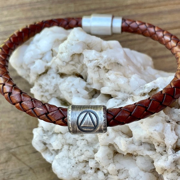 Mens Recovery Bracelet Sobriety Gift for Him Sober Anniversary Gift Present for Recovering Alcoholic Leather & Silver Custom AA Bracelets