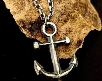 Mens Anchor Necklace in Rustic Oxidized Sterling Silver, Ocean Lover Gift, Anchor Pendant Men, Anchor Charm for Man, Sailor Gifts