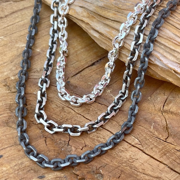 Mens Necklace Sterling Silver Anchor Chain Oxidized or Polished 2.5mm Beveled Solid Silver Pendant Choker Layering Chains Modern Man