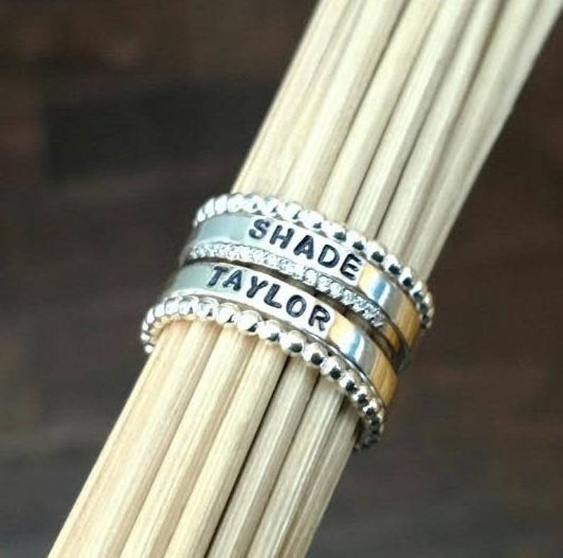 Personalized Rings for Women Silver Stacking Name Rings Hand stamped Jewelry Mothers Day Gift for New Mom Mommy Grandma Friend Sister