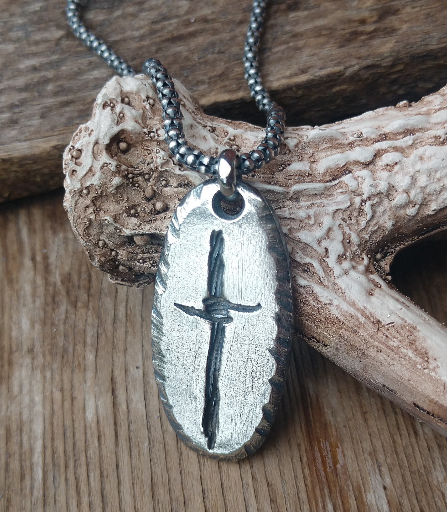 Mens Rustic Cross Necklace Silver Engraved Barb Wire Christmas Etsy