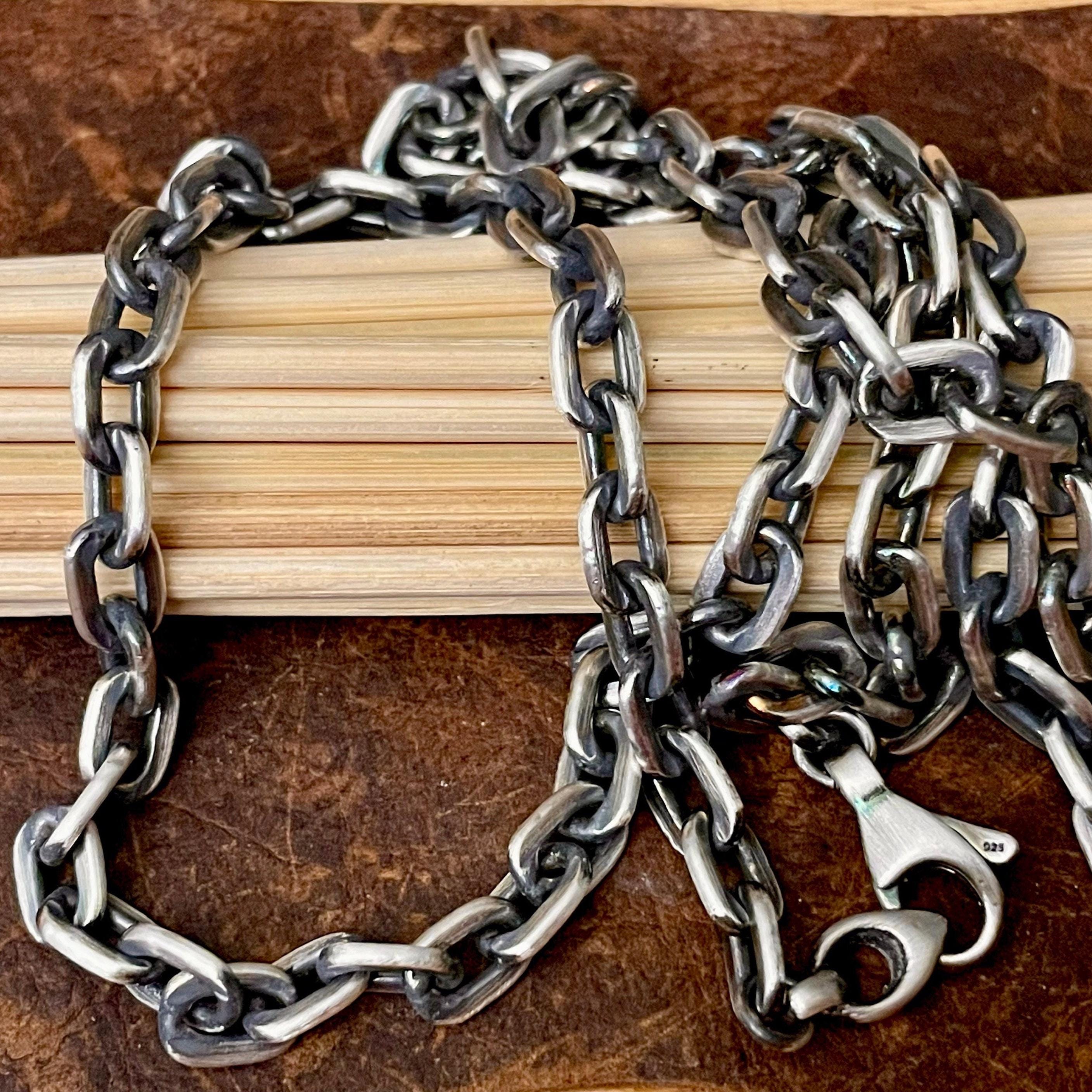 Oxidized Silver Cable Chain Necklace 6mmx8mm Mens Gifts Flat Elongated Rectangle Links Viking Jewelry