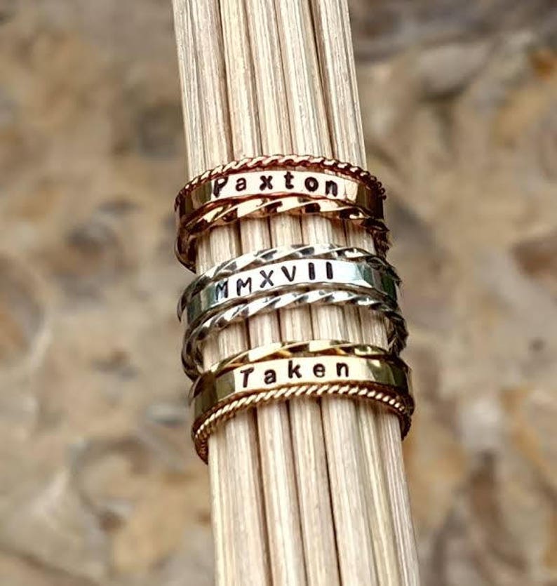 Personalized Rings for Women Silver Stacking Name Rings Hand stamped Jewelry Mothers Day Gift for New Mom Mommy Grandma Friend Sister