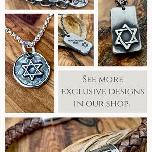 Star of David Jewelry for men in hand carved sterling silver with optional personalization. Necklaces, pendants and Bracelets with Magen David Jewish Star.