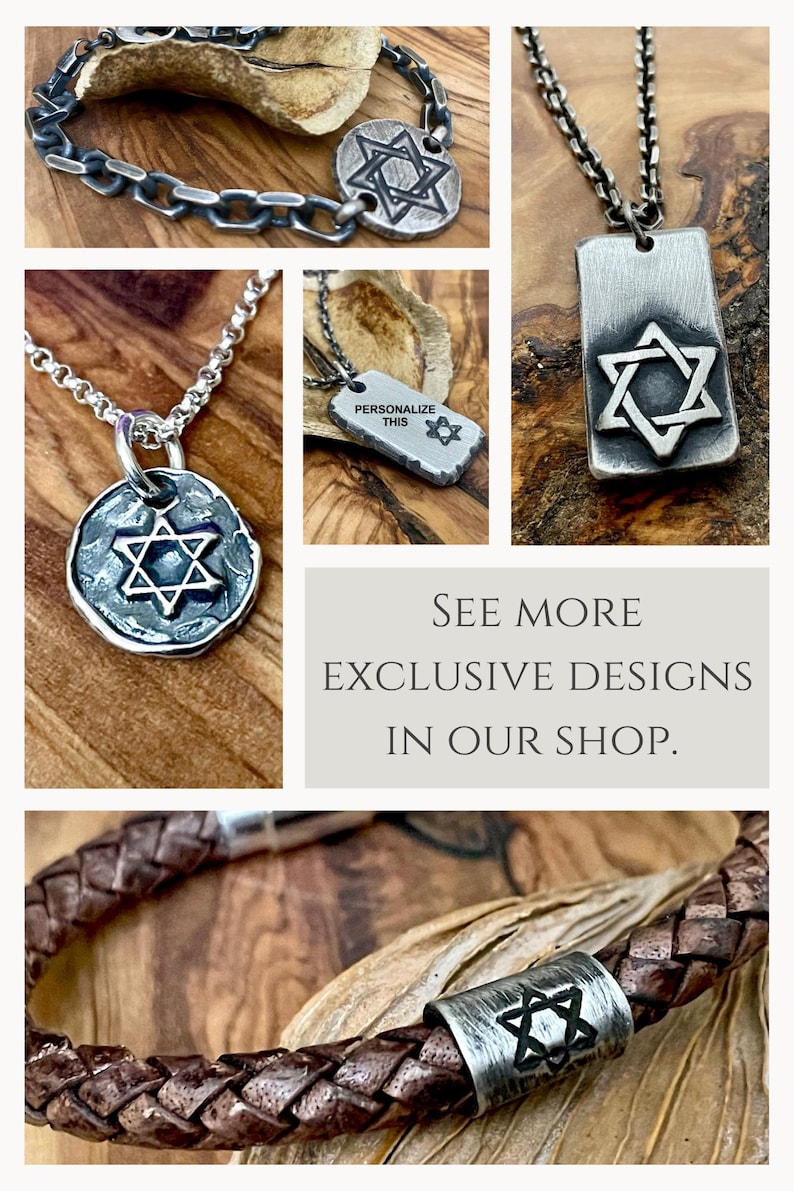 Star of David Jewelry for men in hand carved sterling silver with optional personalization. Necklaces, pendants and Bracelets with Magen David Jewish Star.