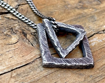 Mens Oxidized Sterling Silver Necklace: Handmade Triangle Square Pendant