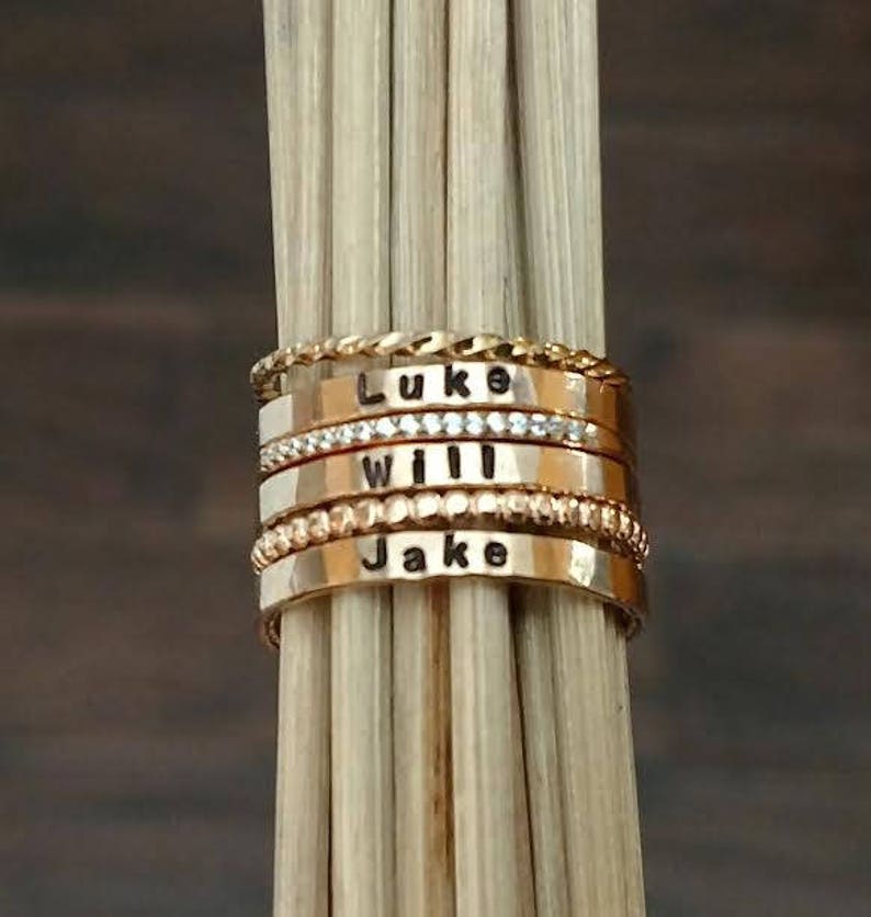 Personalized Rings for Women Silver Stacking Name Rings Hand stamped Jewelry Mothers Day Gift for New Mom Mommy Grandma Friend Sister