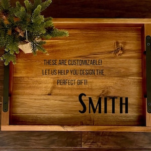 Personalized Wood Serving Tray with Metal Handles: Engraved Ottoman Coffee Table Home Decor