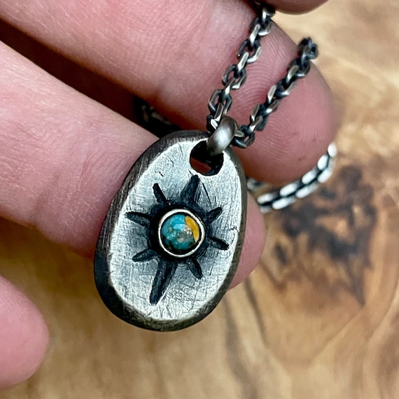 Mens Compass Necklace Pendant Rustic Sterling Silver Spiny Oyster