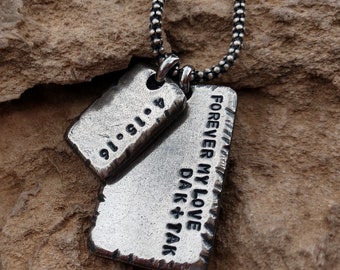 Rustic Silver Personalized Necklace for Men Sterling Silver Dog Tag Necklace Husband Boyfriend Gifts Him Man Engraved Mens Jewelry