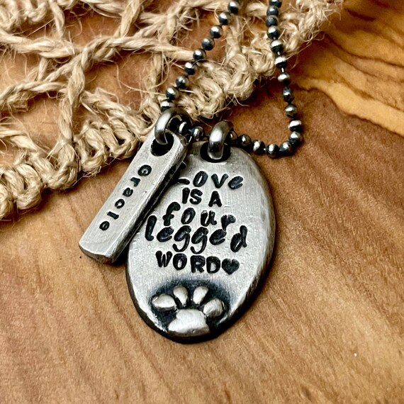 Personalized Paw Print Necklace Oxidized Sterling Silver Pet Name Charm Dog Lover Gift