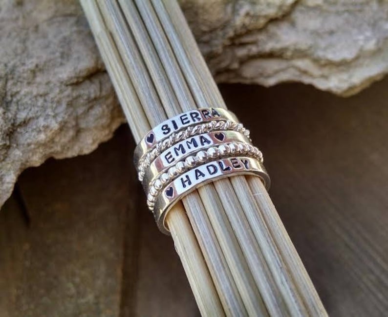Personalized Rings for Women Silver Stacking Name Rings Hand stamped Jewelry Mothers Day Gift for New Mom Mommy Grandma Friend Sister