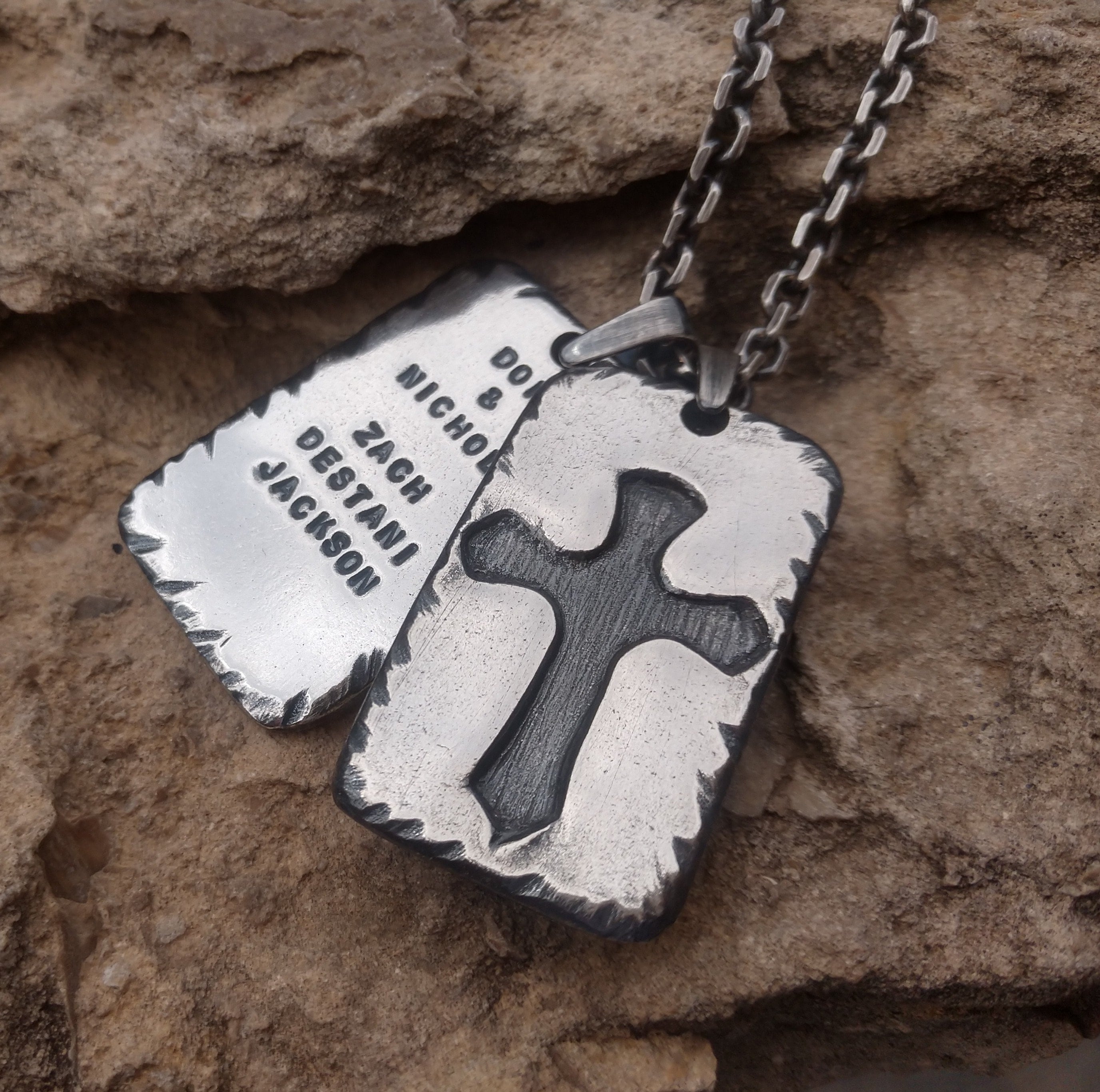 Mens Dog Tag Necklace with Cross Personalized Silver Cross Etsy