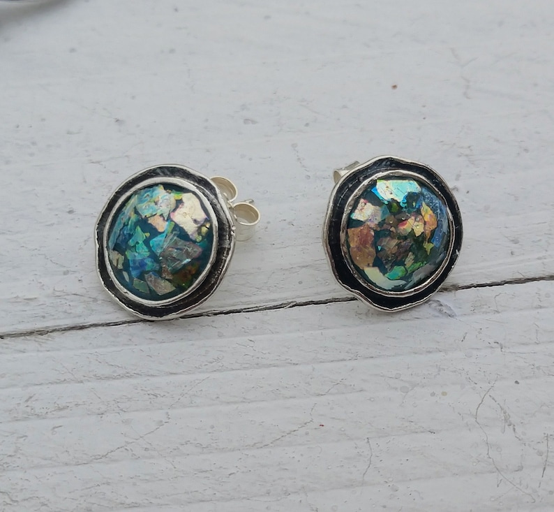Sterling Silver Ancient Roman Glass Stud Earrings Holy Land Jewelry Religious Gift for Her Easter Jewelry Symbolic Meaningful Jewelry