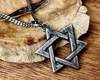 Star of David Necklace Men Sterling Silver Black Oxidized, Mens Star of David Pendant Hebrew Jewelry Jewish Rustic Masculine Antiqued