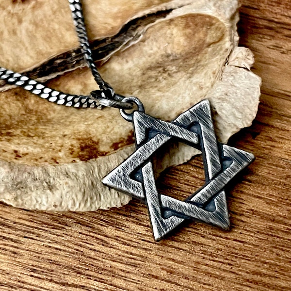 Star of David Necklace Men Sterling Silver Black Oxidized, Mens Star of David Pendant Hebrew Jewelry Jewish Rustic Masculine Antiqued