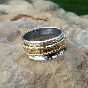 Silver and Gold Spinner Ring: Meditation Fidget Jewelry Two Tone Mixed Metal Wide Band