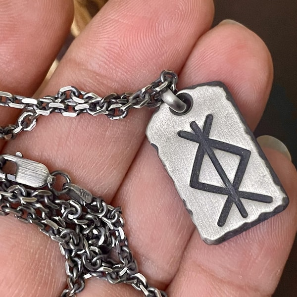 Norse Runes Protection Viking Pendant Necklace Oxidized Sterling Silver Jewelry Gift for Him