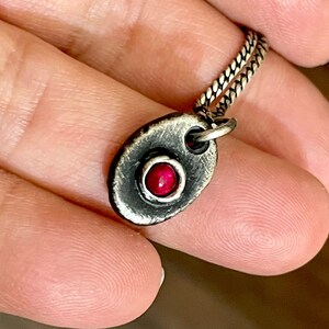 May include: A small, oval pendant necklace with a silver chain. The pendant has a textured, dark gray metal frame surrounding a bright red, round gemstone. The chain is a double strand of small, linked silver pieces.