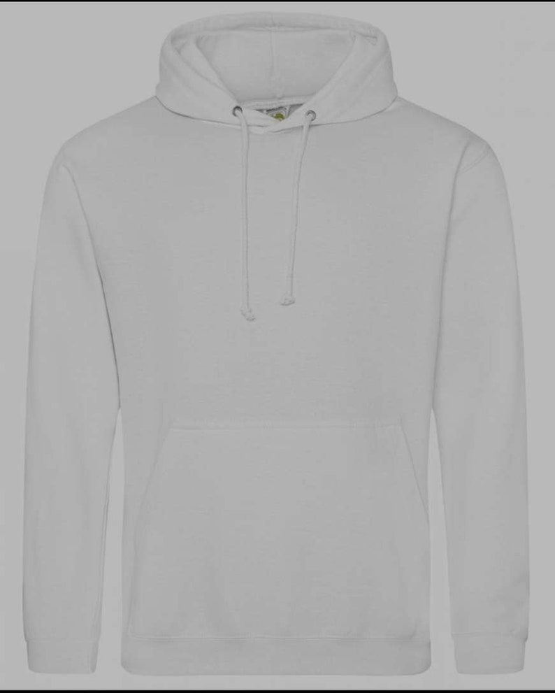 May include: A plain white hooded sweatshirt with a pouch pocket.