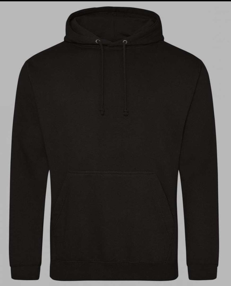 May include: A black hooded sweatshirt with a pouch pocket on the front.