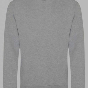 May include: A heather gray long-sleeved sweatshirt with a crew neck.