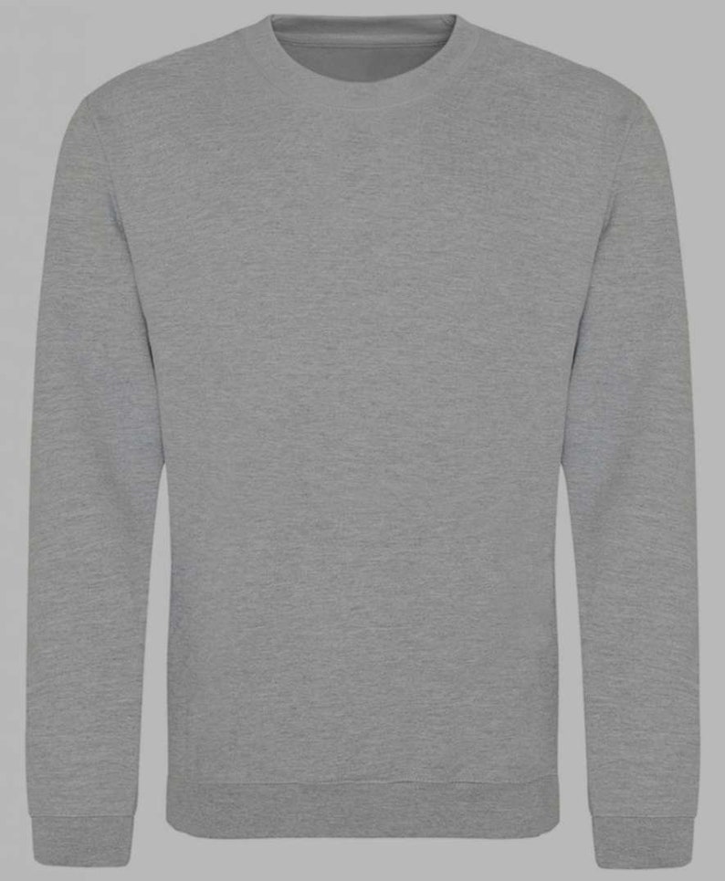 May include: A heather gray long-sleeved sweatshirt with a crew neck.