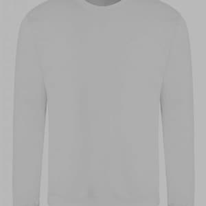 May include: A plain gray long-sleeved sweatshirt with a crew neck.