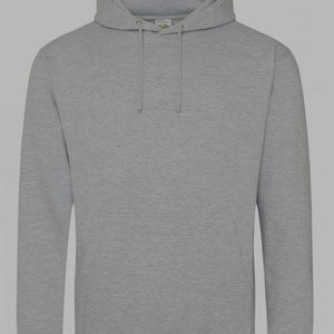 May include: A gray hooded sweatshirt with a drawstring hood and long sleeves.