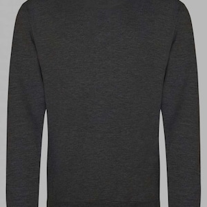 May include: A dark gray long-sleeved sweatshirt with a crew neck.