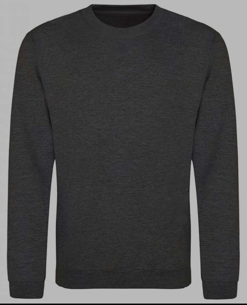 May include: A dark gray long-sleeved sweatshirt with a crew neck.