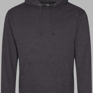 May include: A dark gray hooded sweatshirt with a pouch pocket.