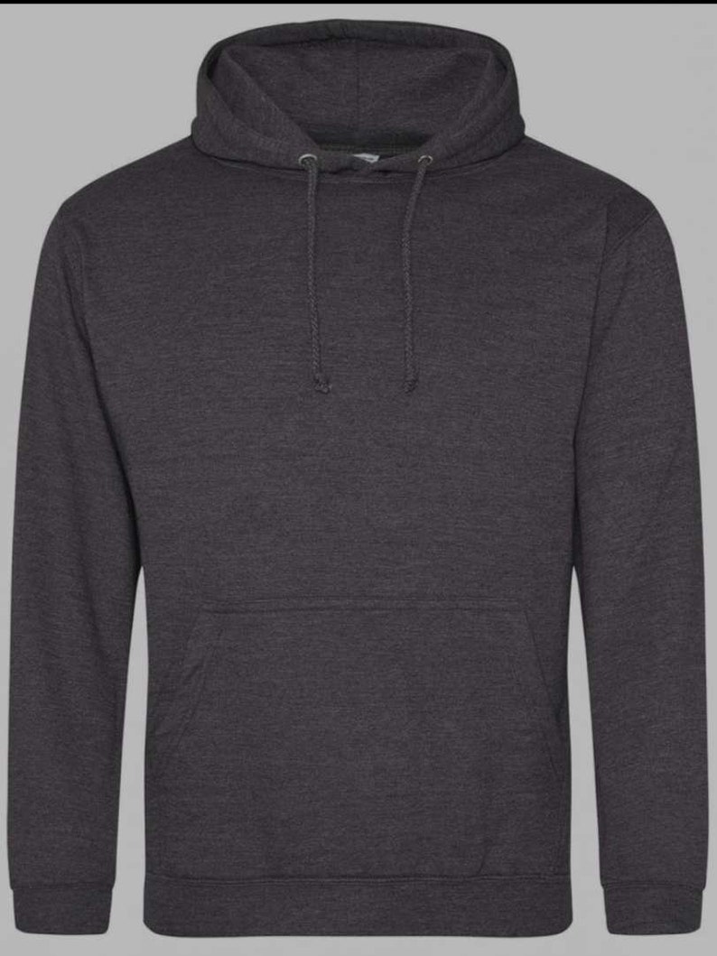 May include: A dark gray hooded sweatshirt with a pouch pocket.