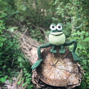 May include: A green crocheted frog with white eyes sits on a tree stump in a forest setting.