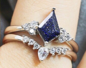 Bague en grès bleu personnalisée, bague en grès bleu galaxie, bague de promesse personnalisée, bague de fiançailles pour elle, ensemble de bagues pour femme, cadeau d'anniversaire