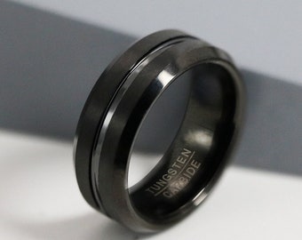 Gepersonaliseerde gravure wolfraam trouwring, zwarte wolfraam band, mannen zakelijke ring, zwarte vinger ring, 8mm belofte ring voor hem