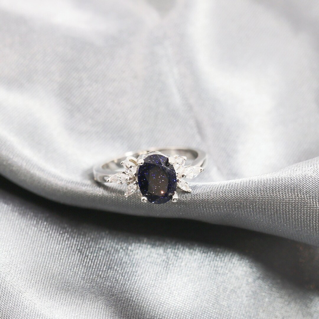 Blue Sandstone Engagement Ring,silver Oval Sandstone Promise Ring,blue