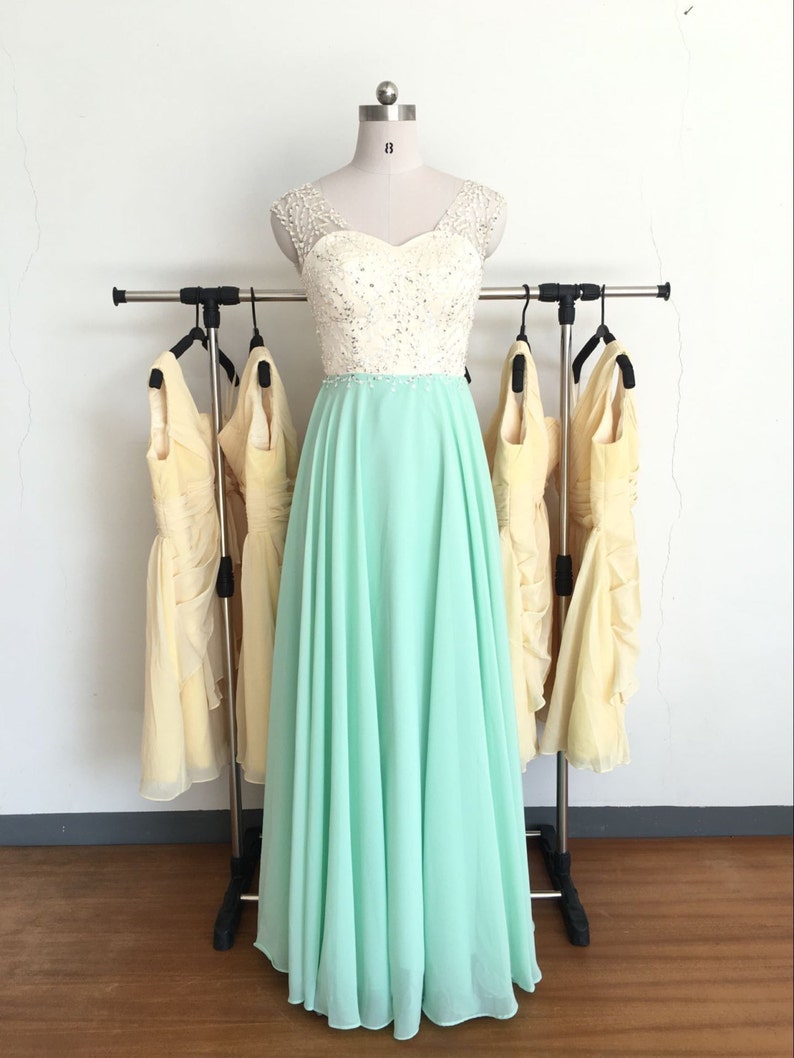 Long mint bridesmaid dresshandmade beading chiffon wedding Etsy