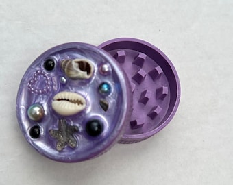 Purple Mermaid Grinder - Ready to Ship -  Mosaic beach shell ocean themed smoke accessory - dark siren