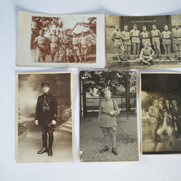 5 Vintage French 1910s and 1920s Black and White Portrait Postcards - Blank Postcards - Soldier, Gendarme Photo - Sepia Paper Ephemera