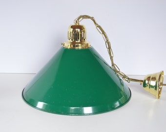 French Vintage Large Green Enamel Lampshade with Fixings - Green and White Factory Enamel Ceiling Light Shade - Industrial Suspension Lamp