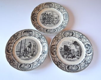 3 platos parlantes franceses vintage - platos de postre de piedra de hierro blanco y gris - Sarreguemine - Motivo de transferware ilustrado - Hombres históricos